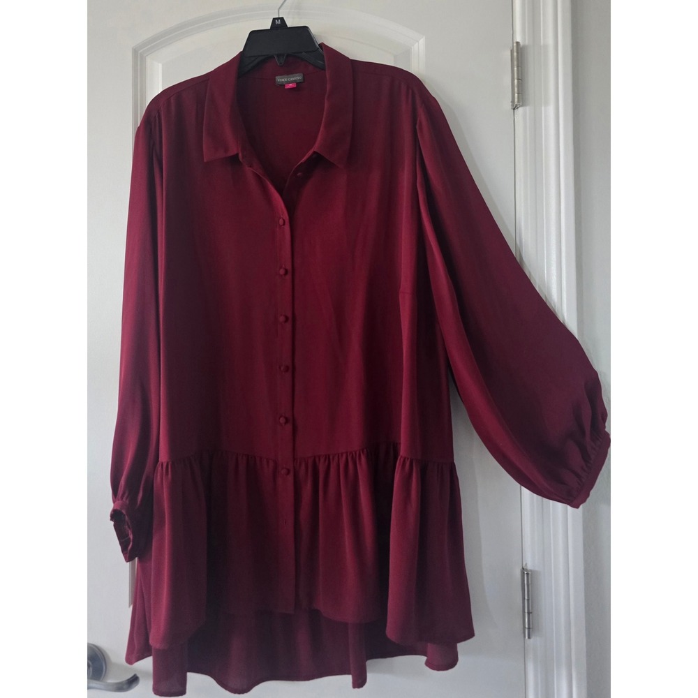 Vince Camuto Womens 3X Burgundy Ruffle Peplum‎ Tunic Button Down Long Sleeve Top